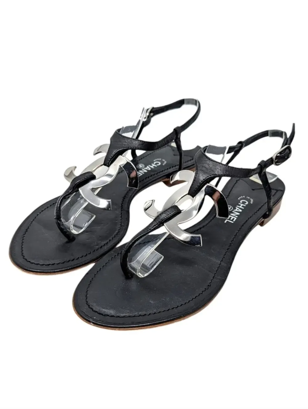 Chanel Big Logo Filigree Thong T-Strap Flat Sandal Black Leather Silver 38 | 7.5